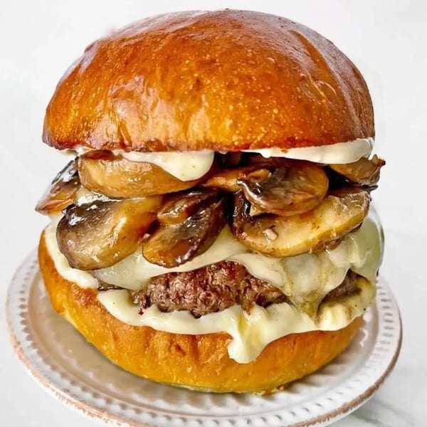 A mushroom and Swiss burger from Local Bigger Burger, with melted cheese and a glossy bun.
