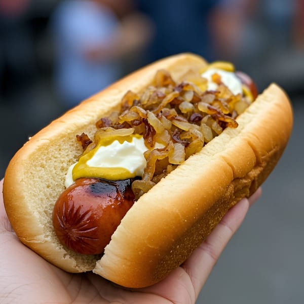 Hand holding a hot dog with grilled onions, mustard, and white sauce on a bun.
